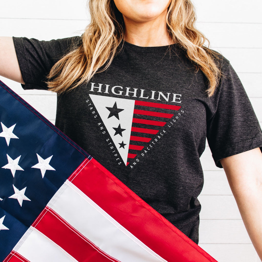 Highline Clothing stars and stripes and racetrack lights black shirt
