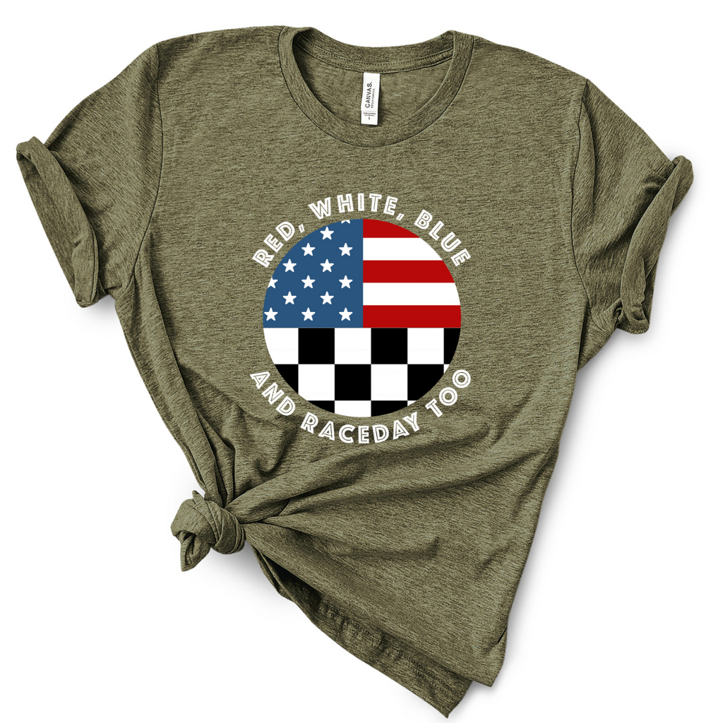 Red White Blue and Raceday Too Unisex Racing T-Shirt - Olive