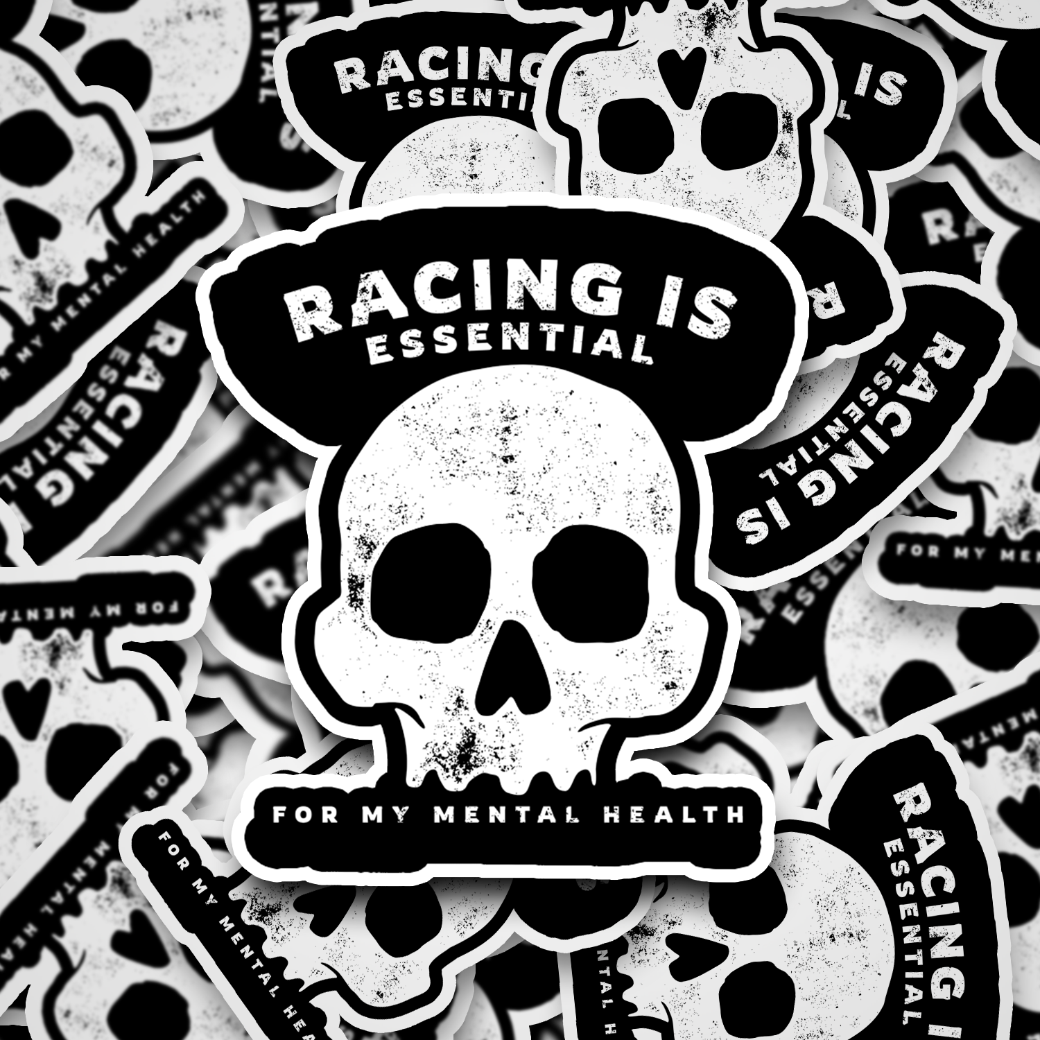 Racing is essential for my mental health sticker with skull