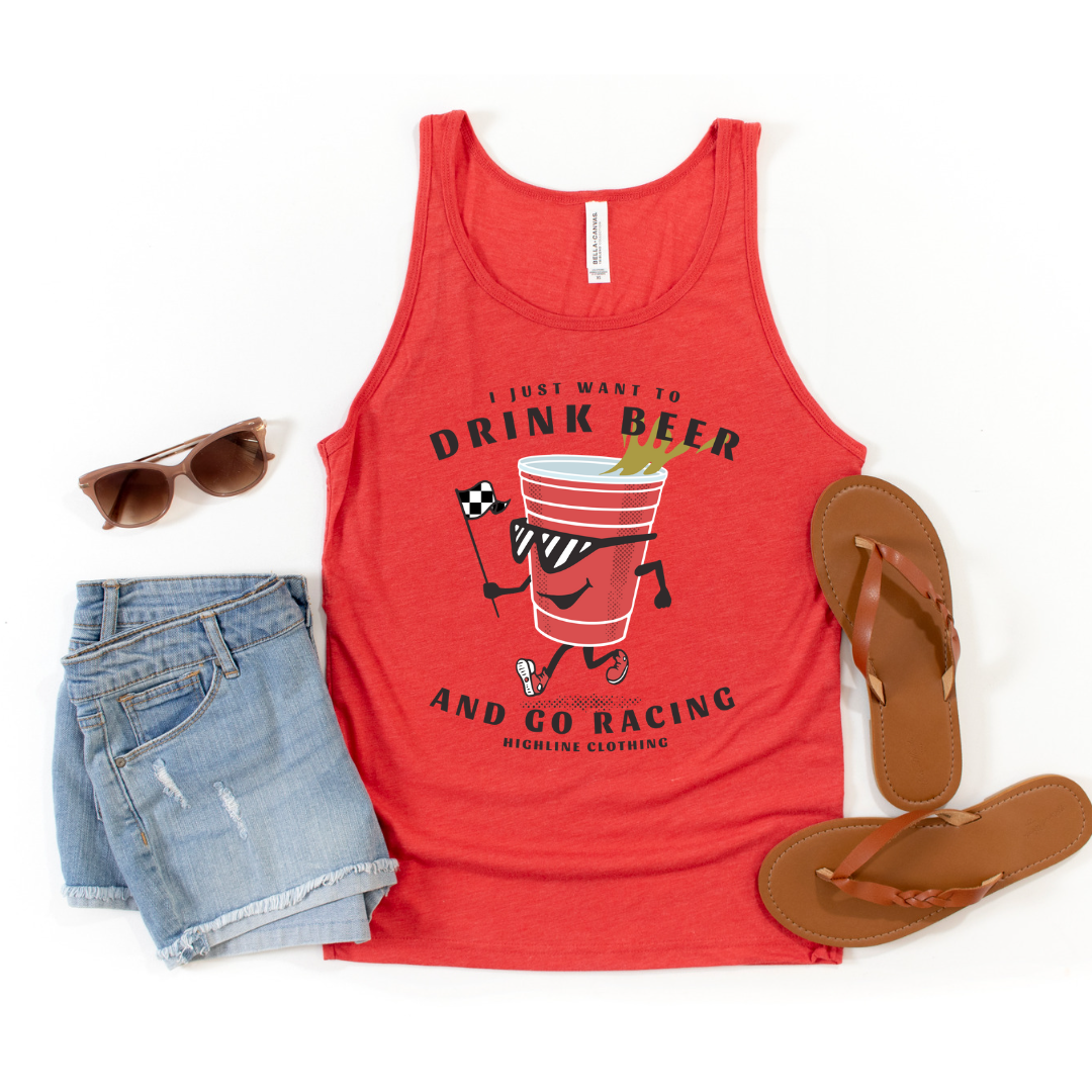 I Just Want to drink beer and go racing unisex tank top - red