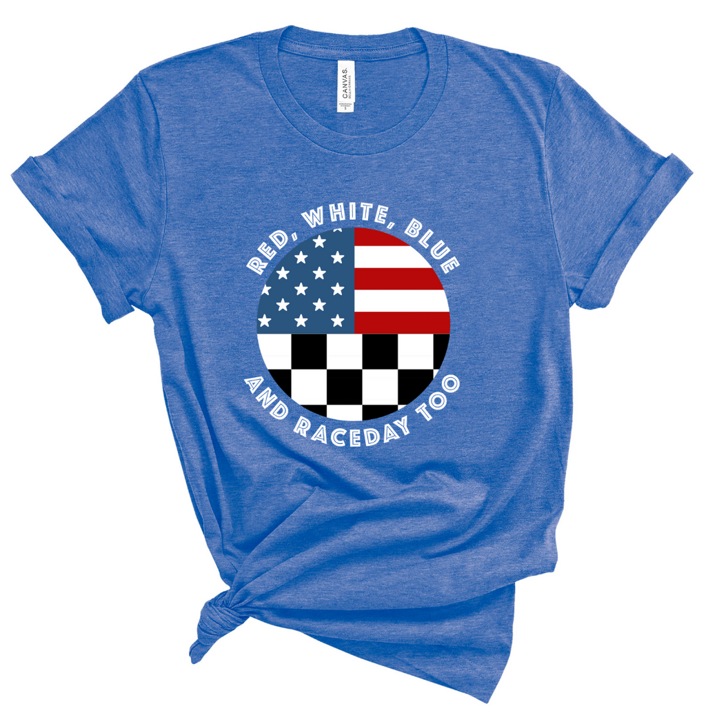 Red White Blue and Raceday Too Unisex Racing T-Shirt - Royal Blue